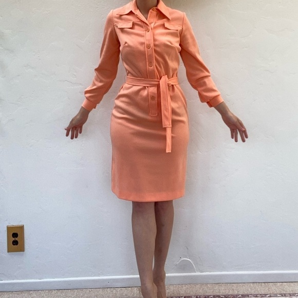 Jennifer Gee Vintage Midi Shirt Dress Bright Peach Salmon Pink Orange - Picture 10 of 14